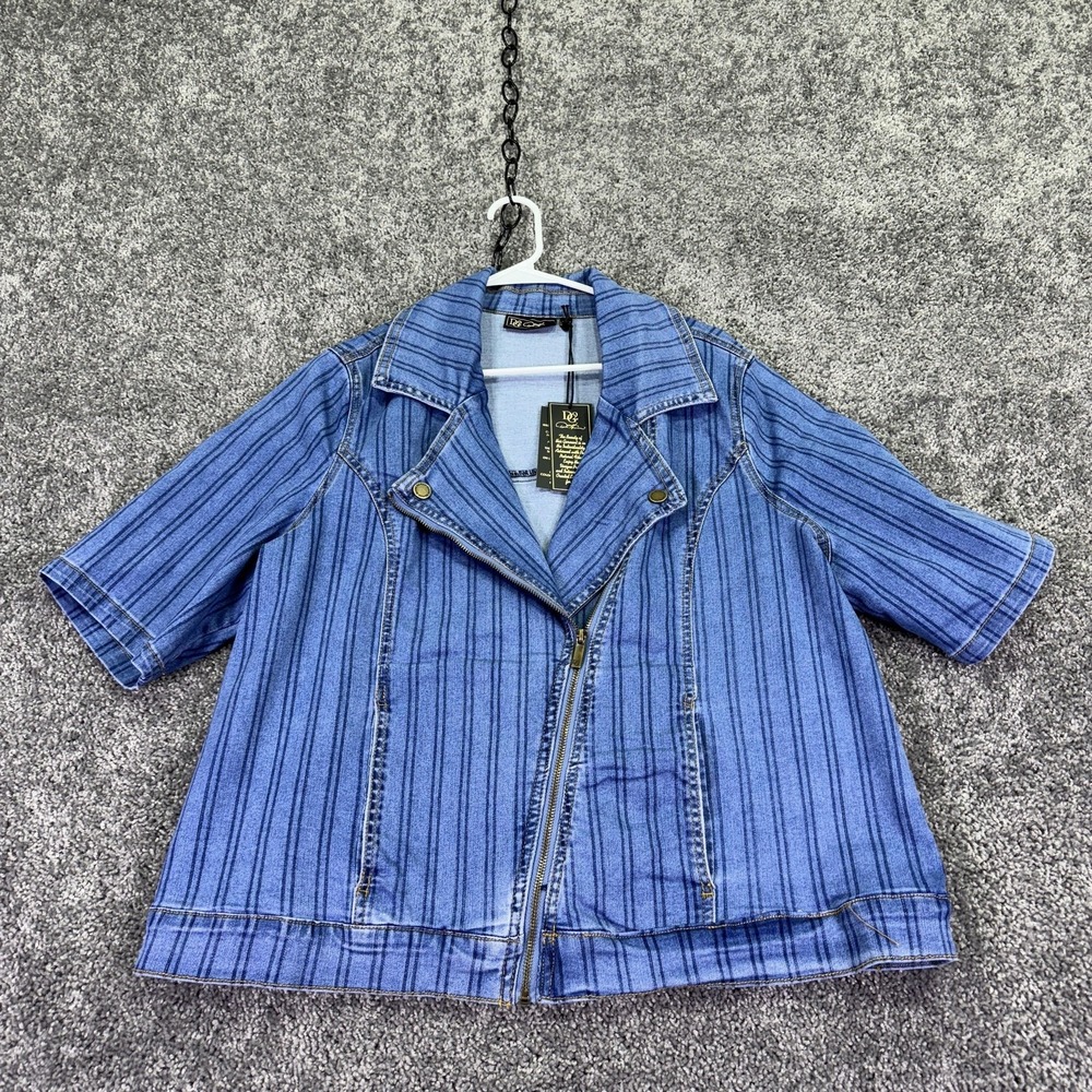DG2 Jacket Womens 1X Blue Striped Denim Moto Biker Zip Short Sleeve Stretch
